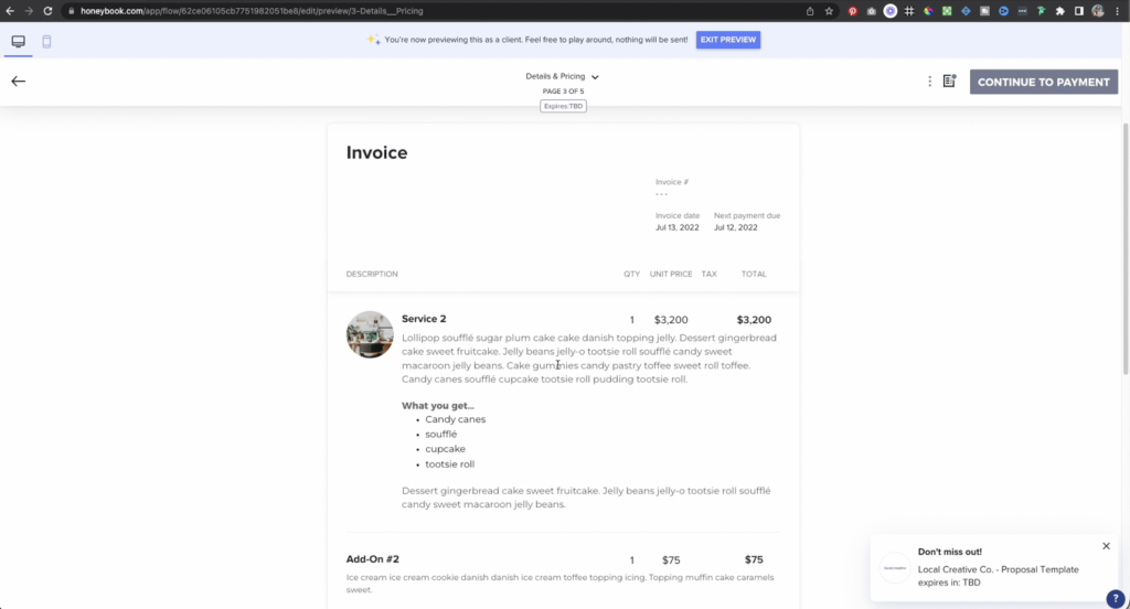 Honeybook proposal template demo