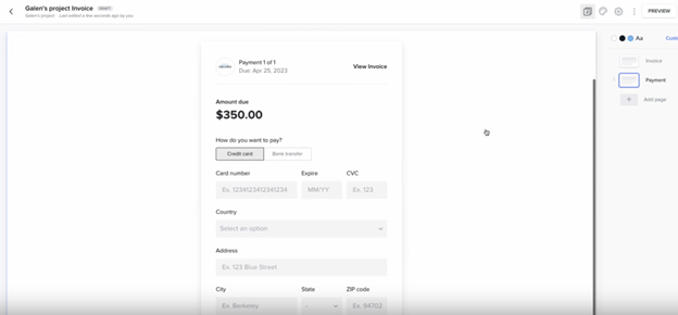 sample of Honeybook payment page