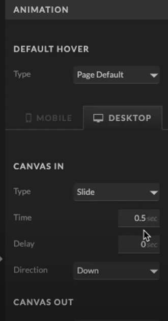 Animation Settings for Canvas In and Canvas Out