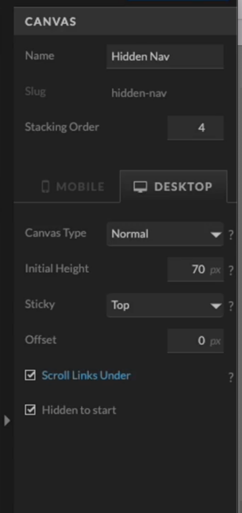 Canvas Hidden Nav Settings Selection for Desktop