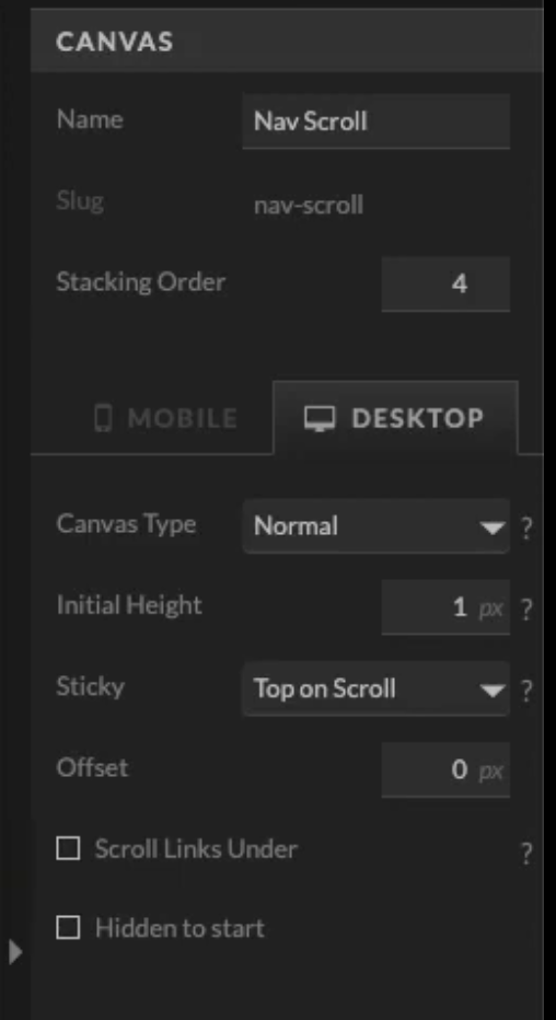 Create a Scrollable Desktop Navigation Canvas Settings