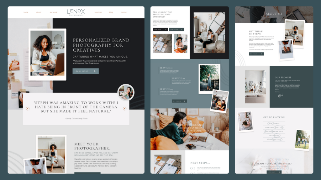 Brand photographer's website design showcasing portfolio and client testimonials.