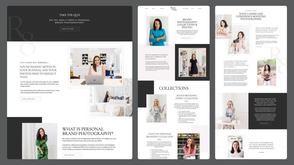 Example of an optimized brand photography website layout highlighting collections and taking a quiz.
