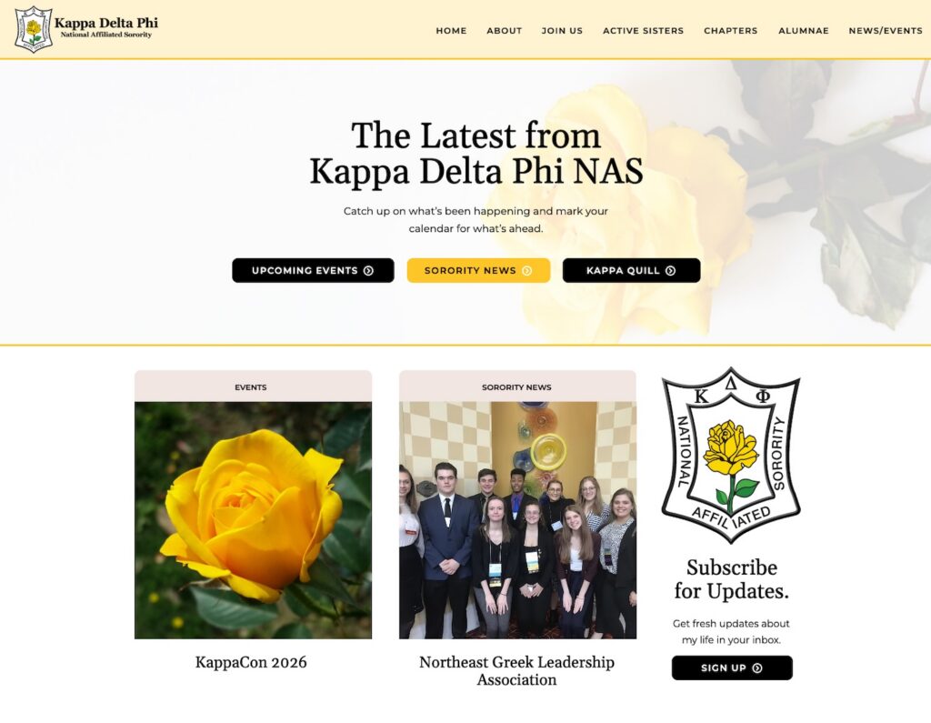 News and events page on a sorority website designed by Local Creative.
