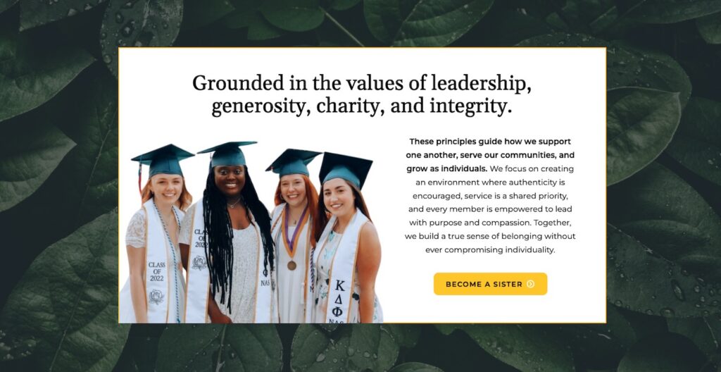 Homepage layout on a sorority website designed by Local Creative.